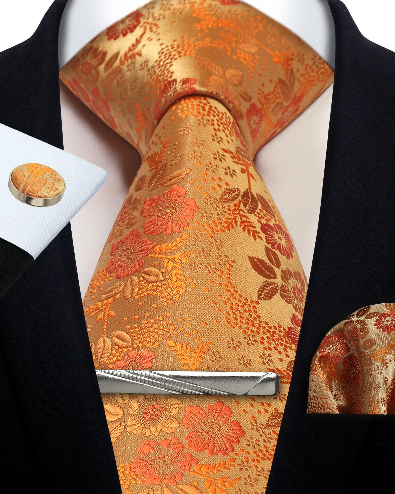 CWKOON Floral Orange Yellow Mens Tie Formal Necktie Pocket Squares Ties Clips Cufflinks Classic for Men Gift Box Set