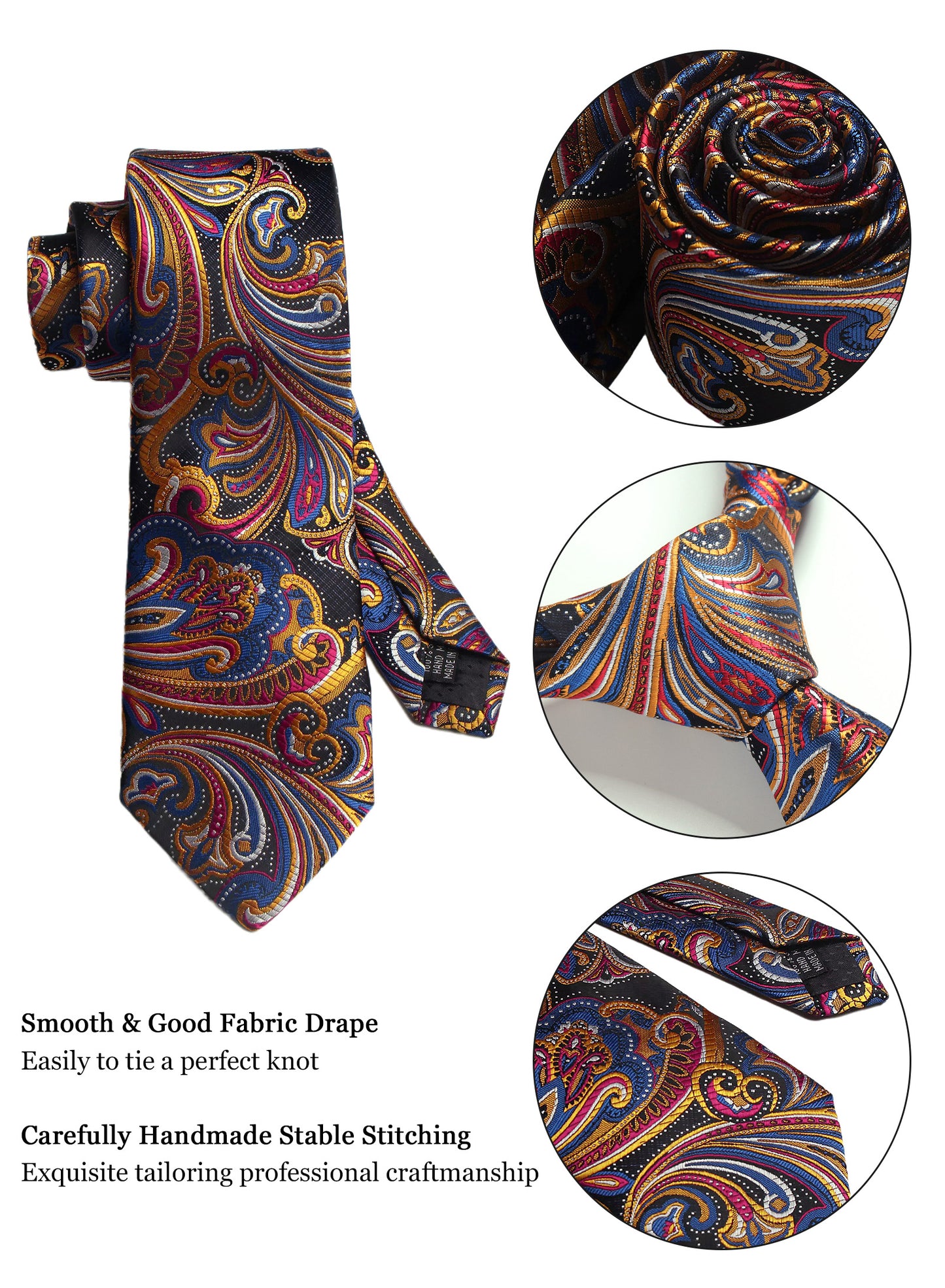 CWKOON Paisley Yellow Red Blue Mens Tie Formal Necktie Pocket Squares Ties Clips Cufflinks Classic for Men Gift Box Set