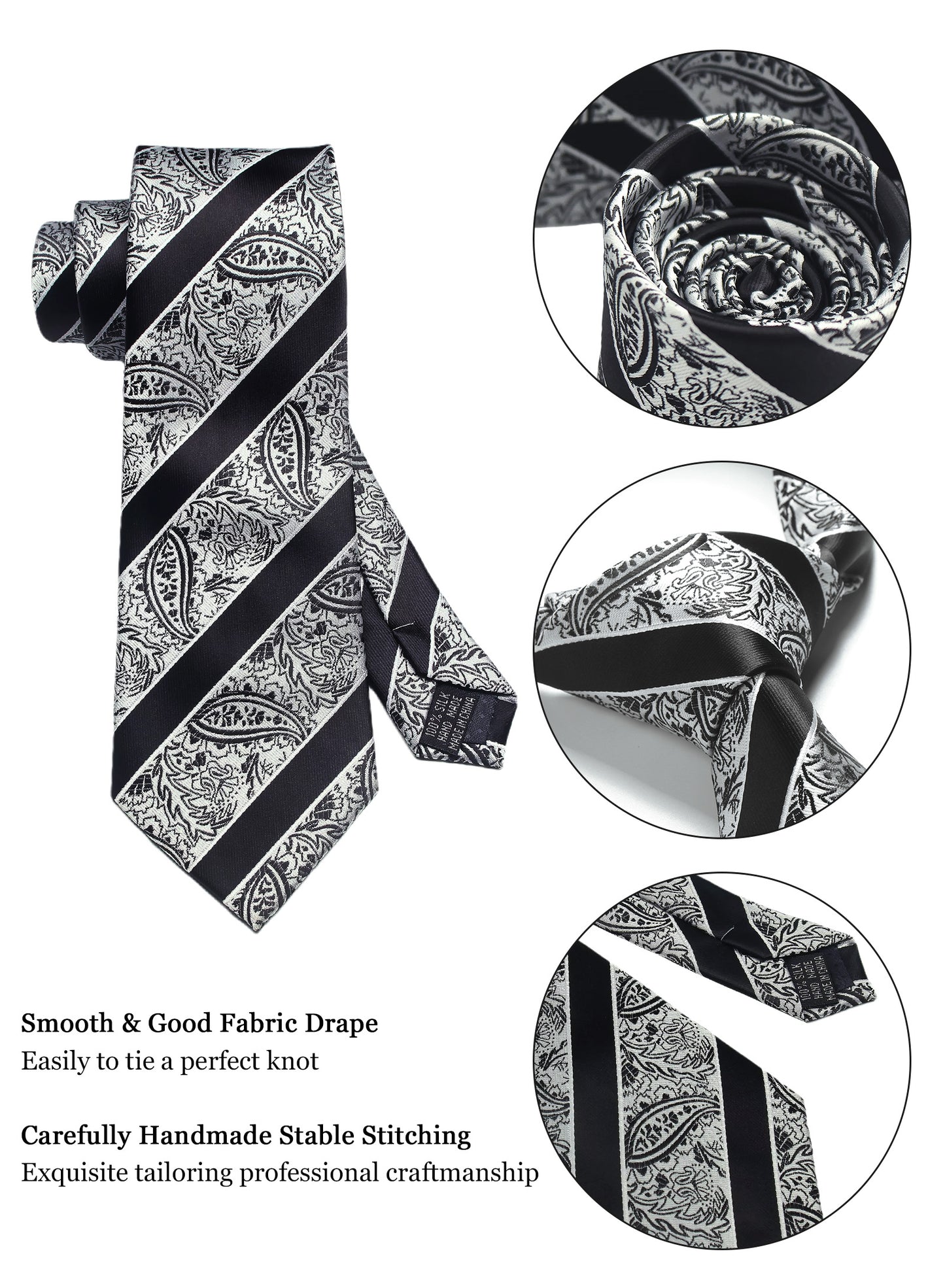 CWKOON Paisley Black White Mens Tie Formal Necktie Pocket Squares Ties Clips Cufflinks Classic for Men Gift Box Set