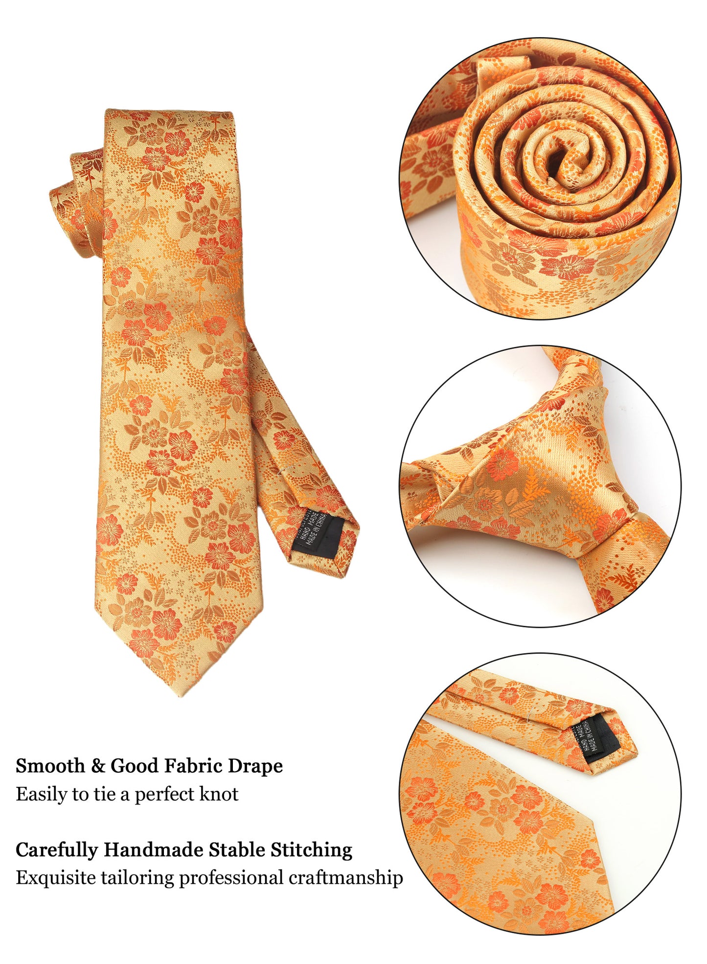 CWKOON Floral Orange Yellow Mens Tie Formal Necktie Pocket Squares Ties Clips Cufflinks Classic for Men Gift Box Set