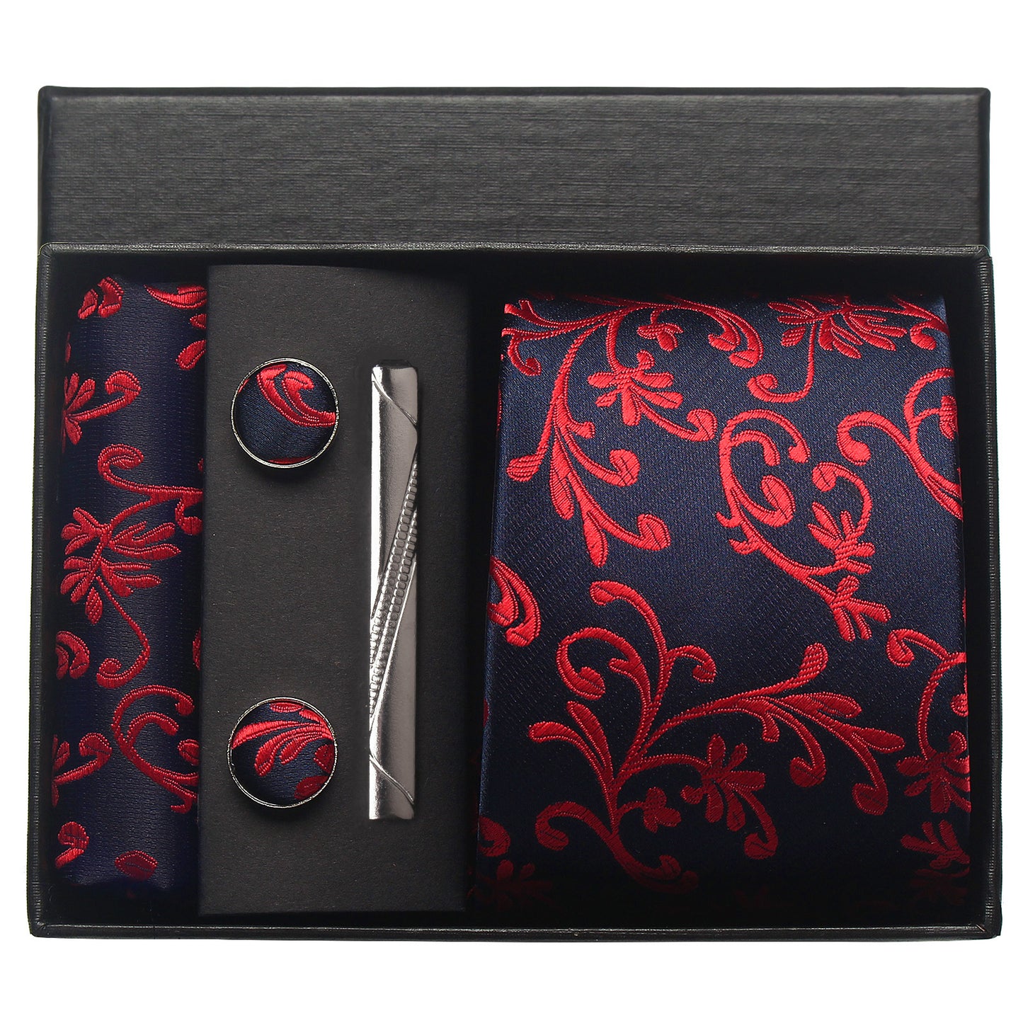 CWKOON Paisley Navy Blue Red Mens Tie Formal Necktie Pocket Squares Ties Clips Cufflinks Classic for Men Gift Box Set