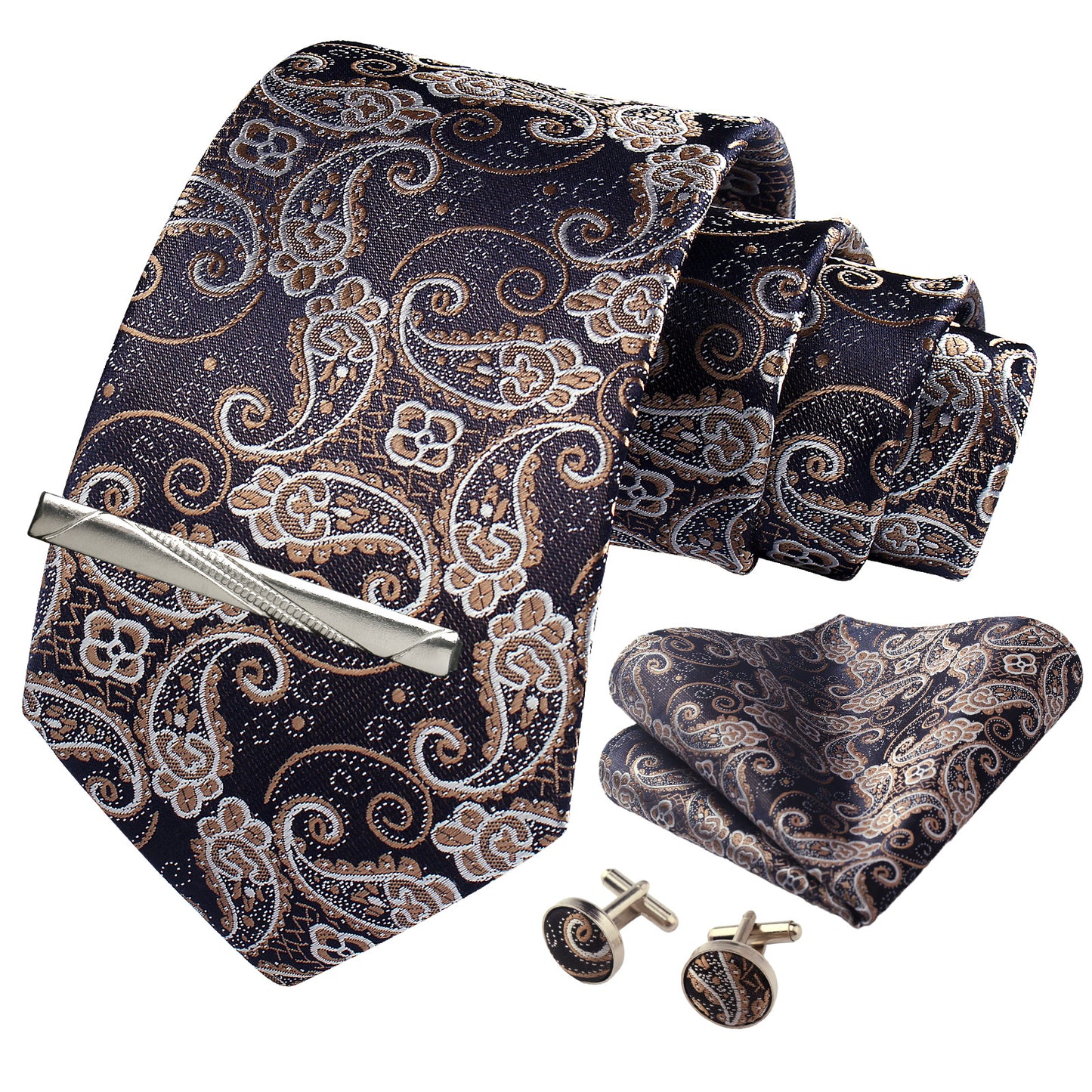 CWKOON Paisley Navy Blue Beige Mens Tie Formal Necktie Pocket Squares Ties Clips Cufflinks Classic for Men Gift Box Set