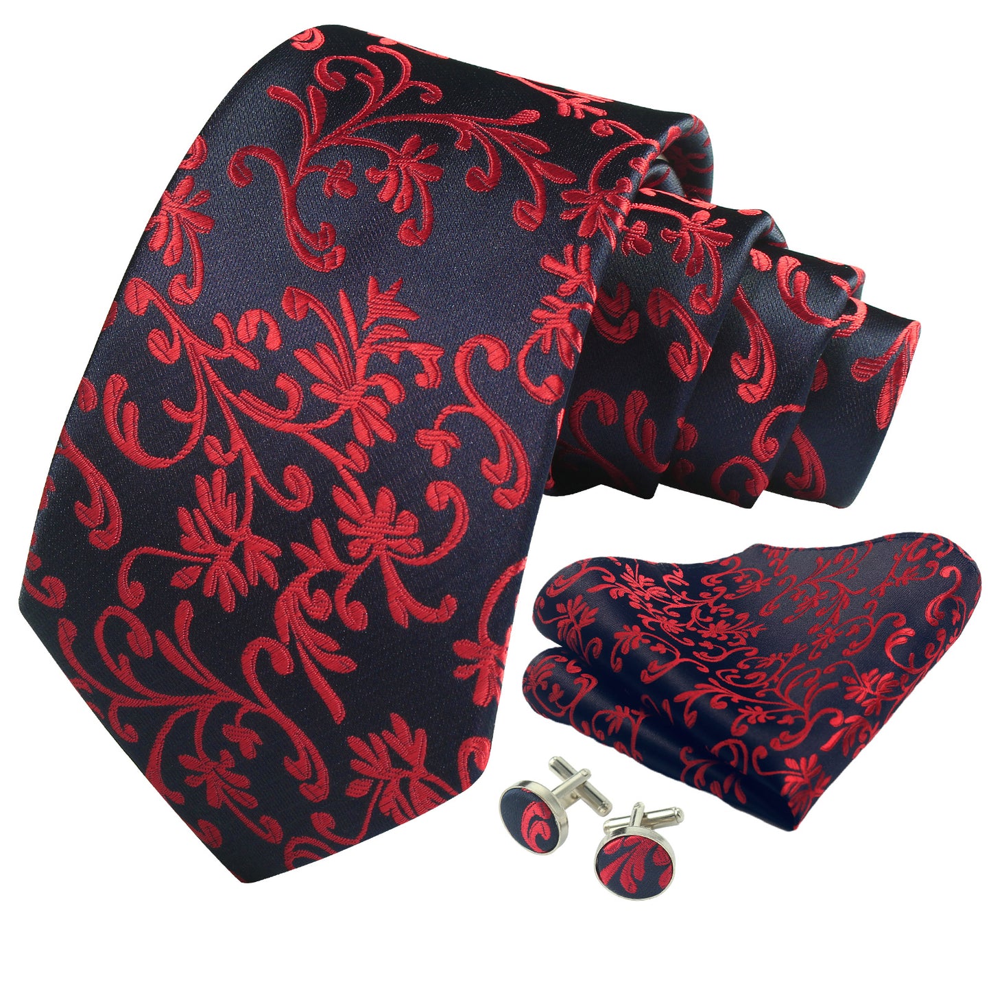 CWKOON Paisley Navy Blue Red Mens Tie Formal Necktie Pocket Squares Ties Clips Cufflinks Classic for Men Gift Box Set