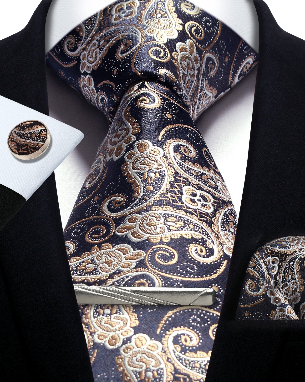 CWKOON Paisley Navy Blue Beige Mens Tie Formal Necktie Pocket Squares Ties Clips Cufflinks Classic for Men Gift Box Set