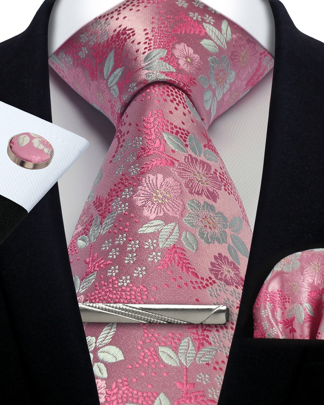 CWKOON Floral Pink White Mens Tie Formal Necktie Pocket Squares Ties Clips Cufflinks Classic for Men Gift Box Set