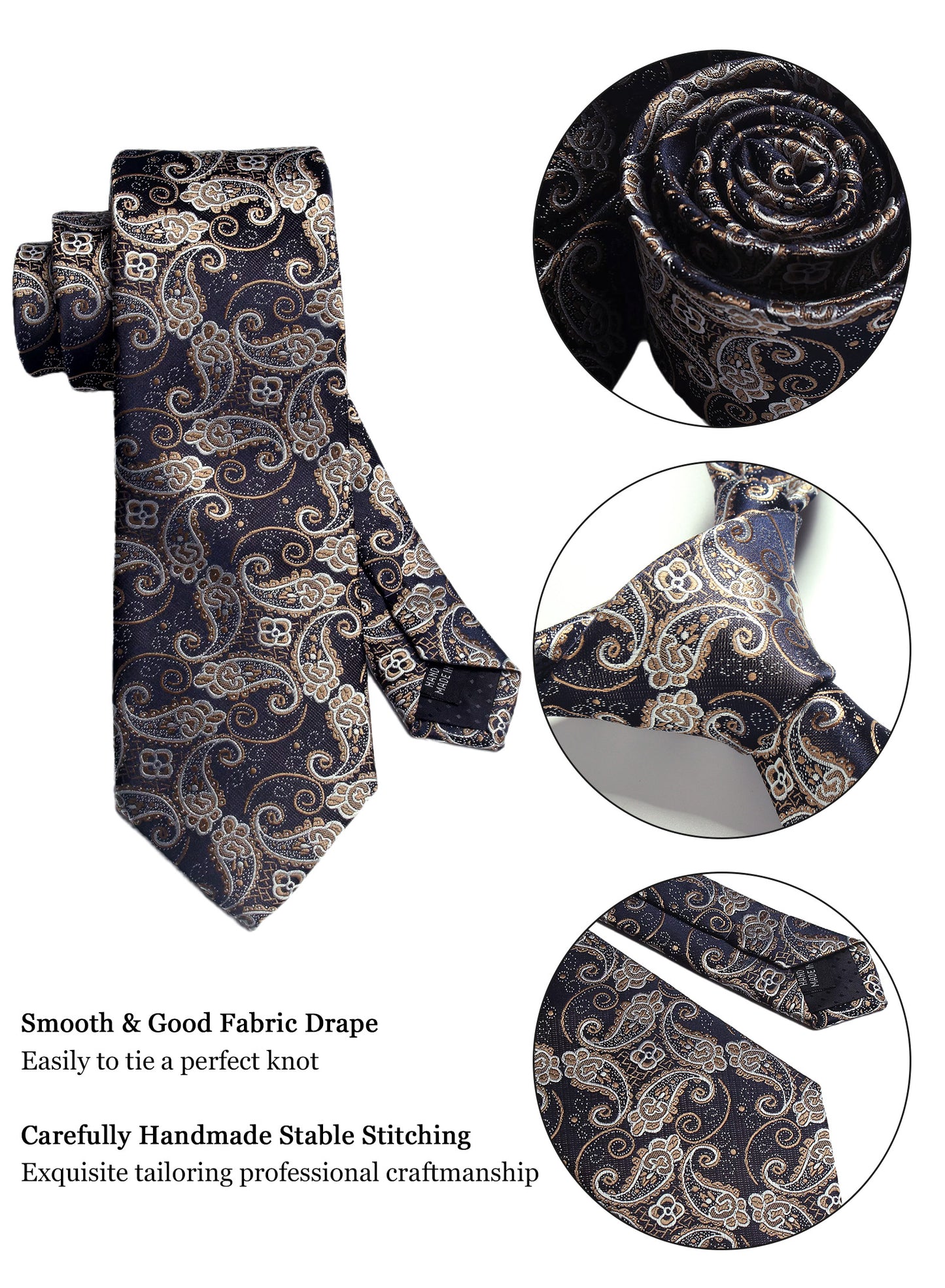 CWKOON Paisley Navy Blue Beige Mens Tie Formal Necktie Pocket Squares Ties Clips Cufflinks Classic for Men Gift Box Set