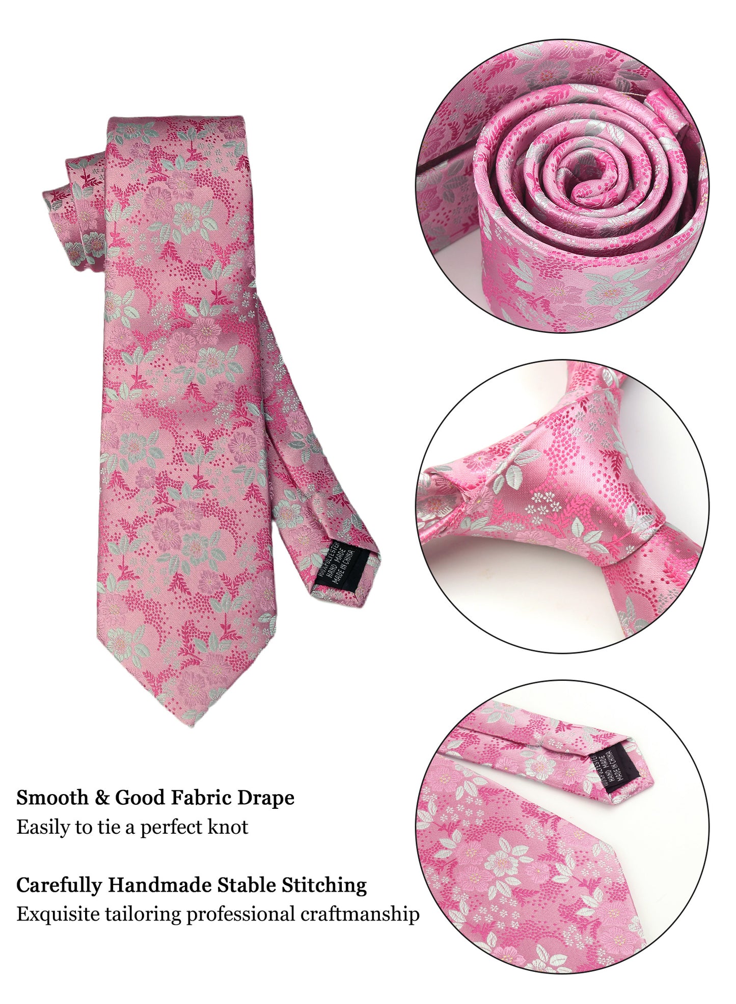 CWKOON Floral Pink White Mens Tie Formal Necktie Pocket Squares Ties Clips Cufflinks Classic for Men Gift Box Set