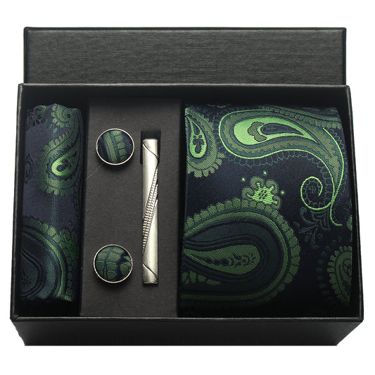 CWKOON Paisley Green Black Mens Tie Formal Necktie Pocket Squares Ties Clips Cufflinks Classic for Men Gift Box Set