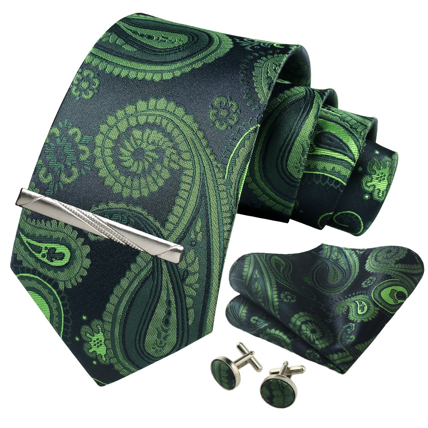 CWKOON Paisley Green Black Mens Tie Formal Necktie Pocket Squares Ties Clips Cufflinks Classic for Men Gift Box Set