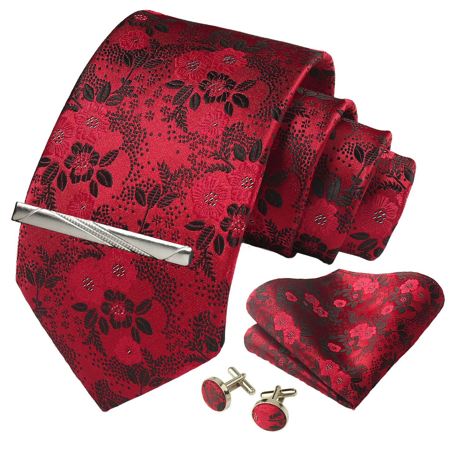 CWKOON Floral Red Black Mens Tie Formal Necktie Pocket Squares Ties Clips Cufflinks Classic for Men Gift Box Set