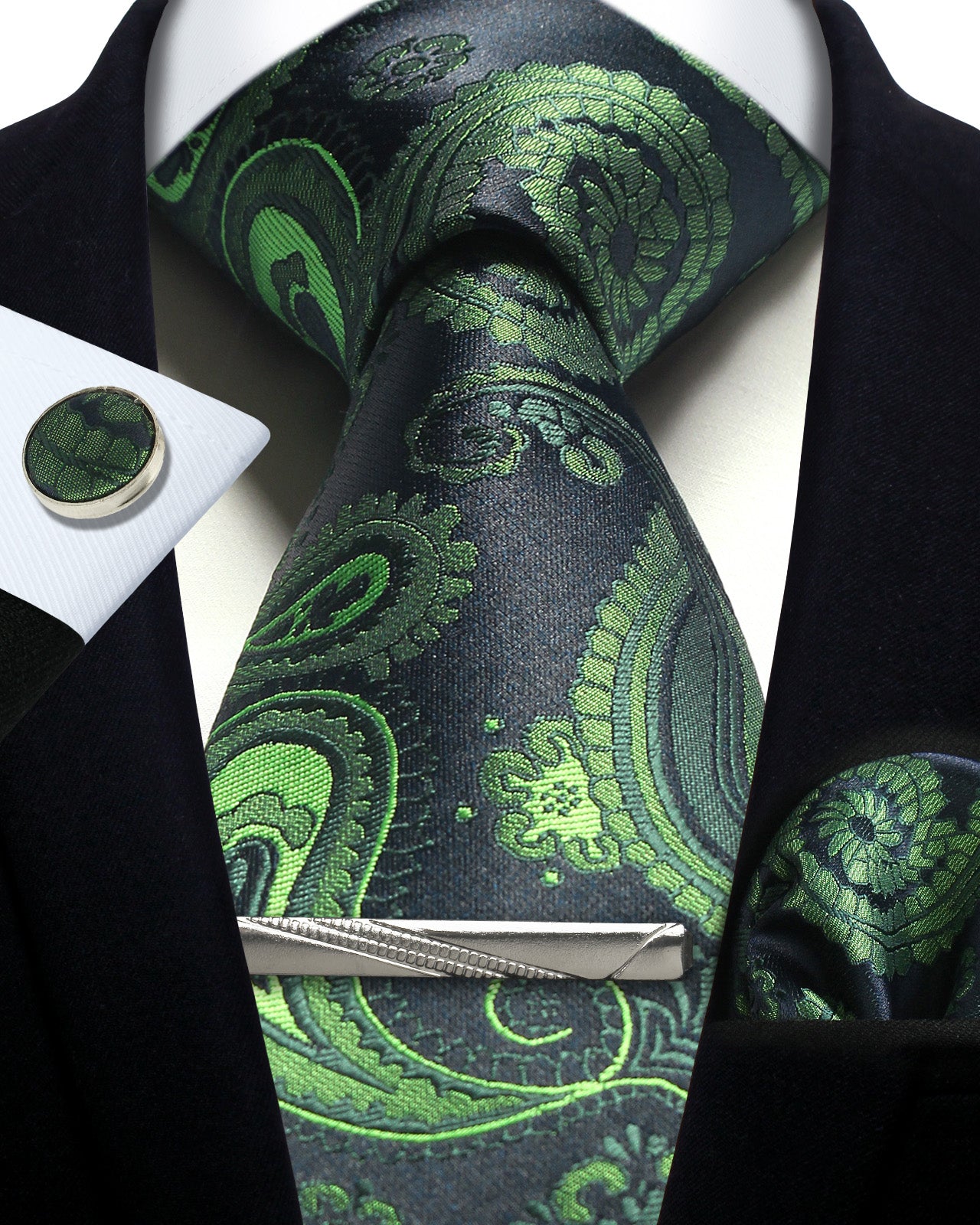 CWKOON Paisley Green Black Mens Tie Formal Necktie Pocket Squares Ties Clips Cufflinks Classic for Men Gift Box Set