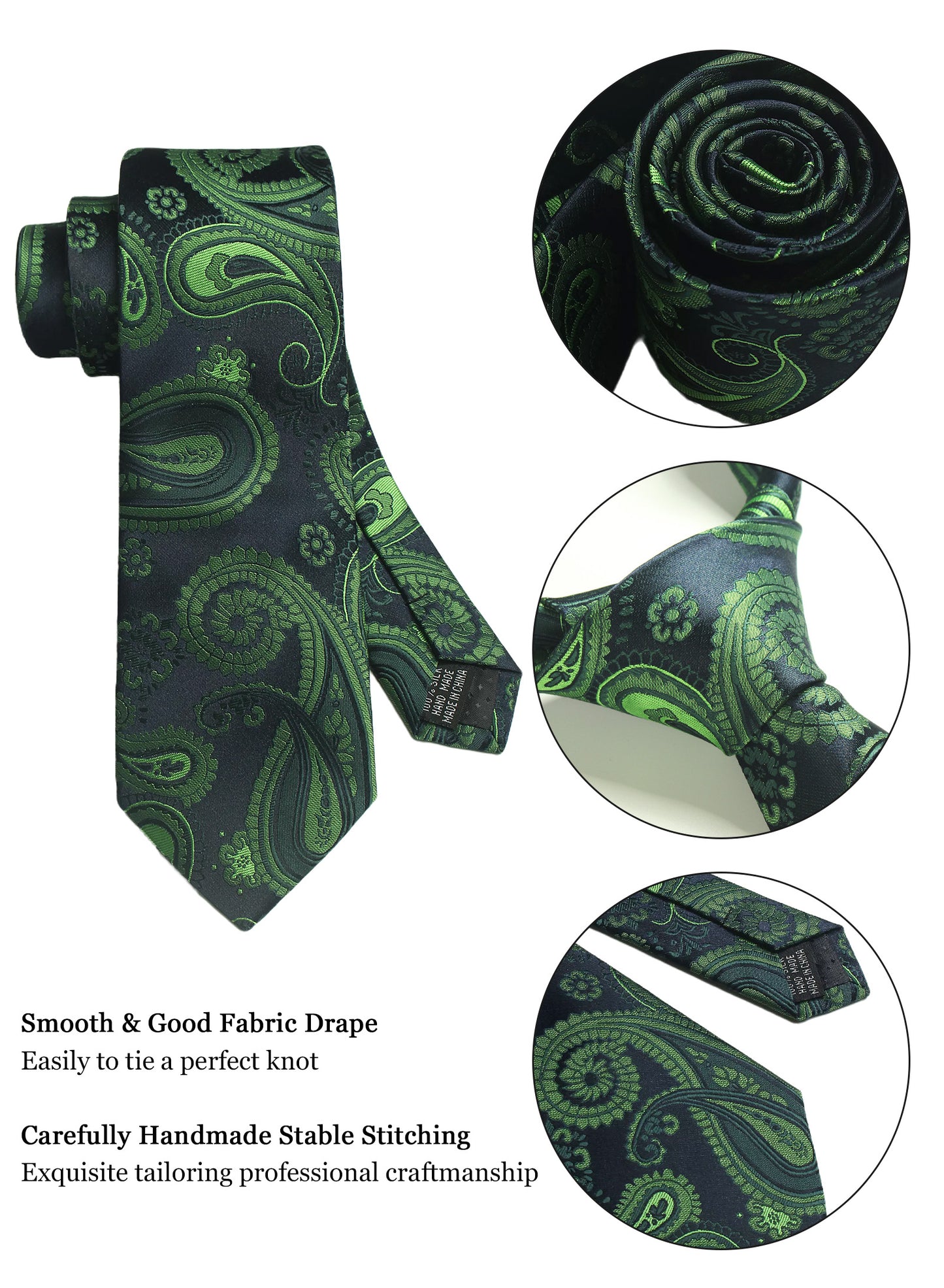 CWKOON Paisley Green Black Mens Tie Formal Necktie Pocket Squares Ties Clips Cufflinks Classic for Men Gift Box Set