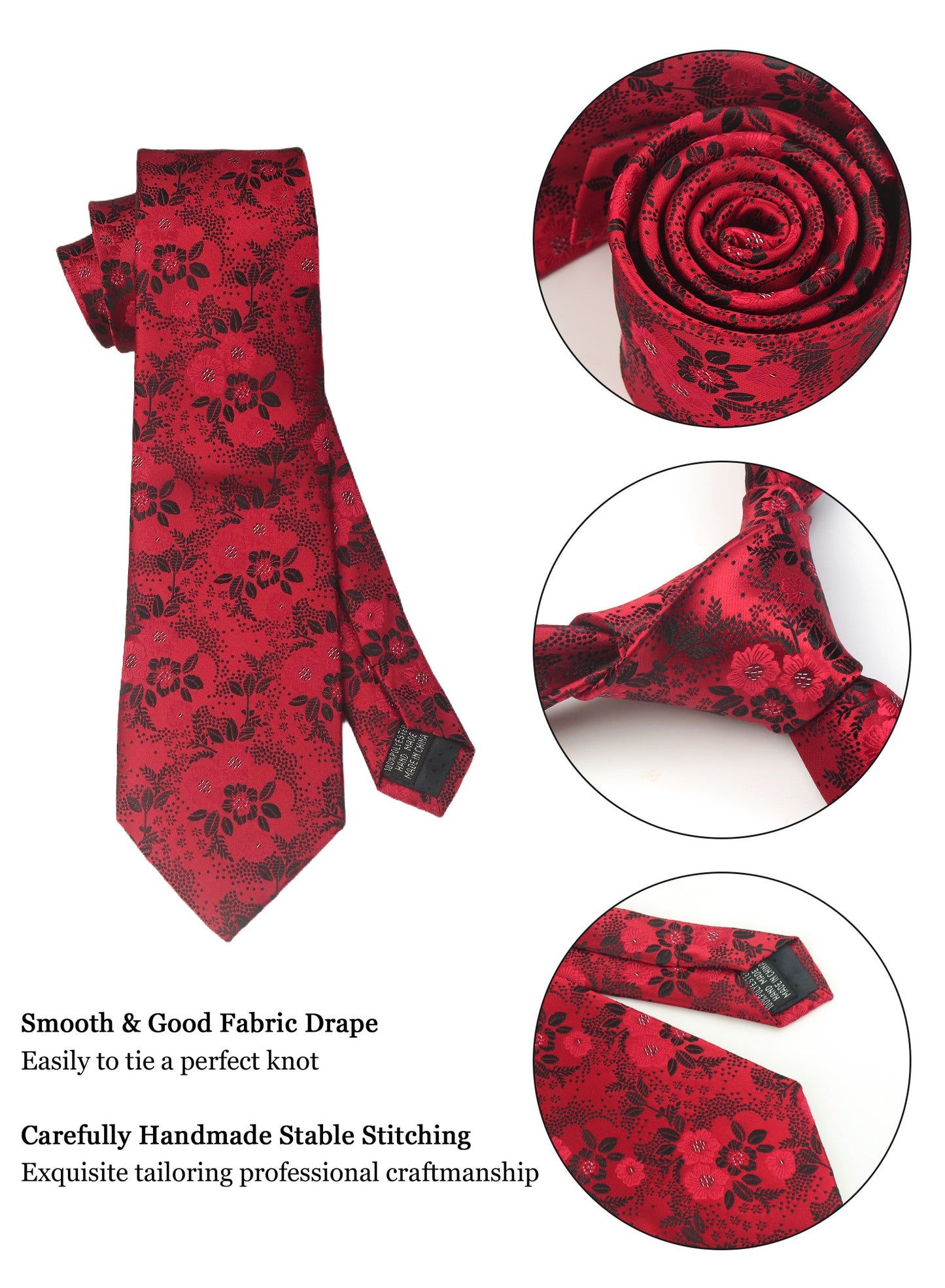 CWKOON Floral Red Black Mens Tie Formal Necktie Pocket Squares Ties Clips Cufflinks Classic for Men Gift Box Set