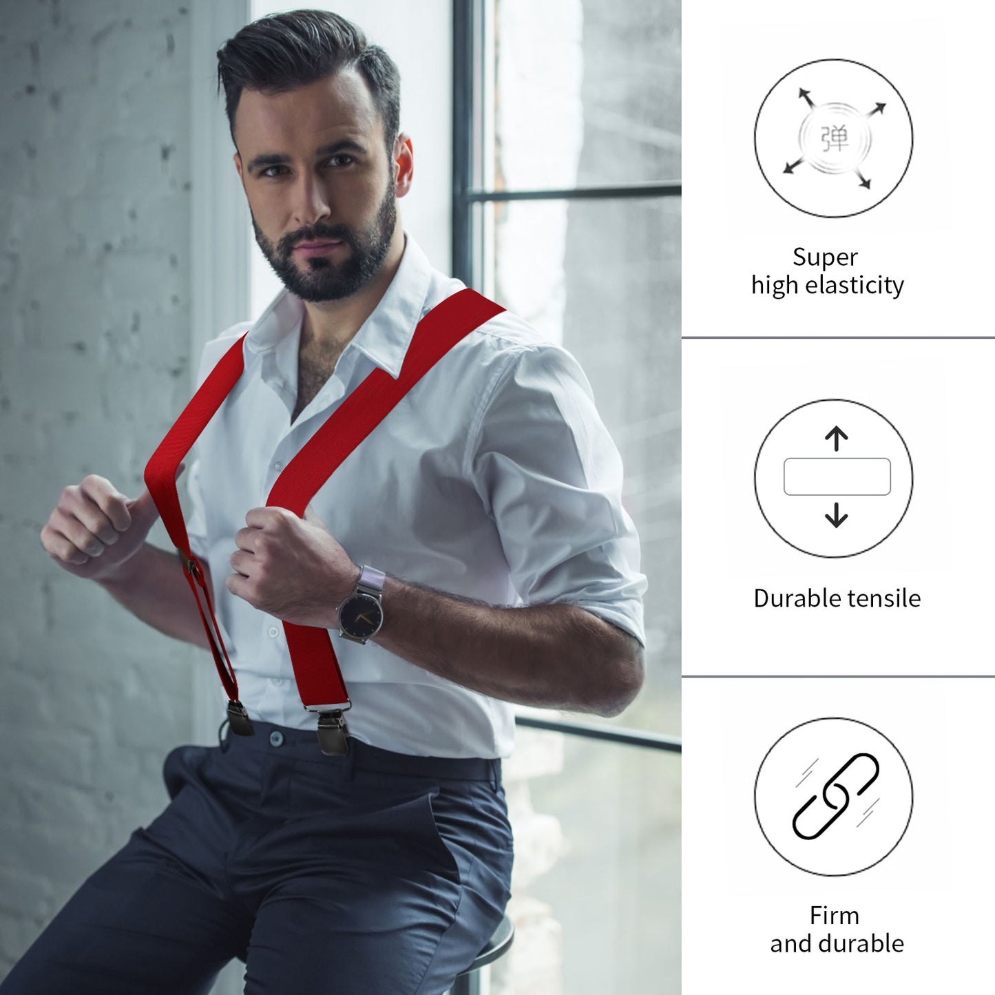 CWKOON Men's Trousers Braces with Very Strong 2 inch Wide 4 Clips Heavy Duty Suspenders for Men X Style Adjustable Suspender Red