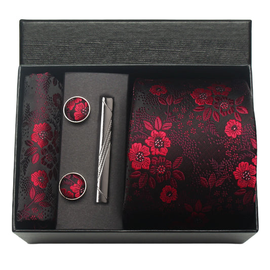 CWKOON Floral Black Red Mens Tie Formal Necktie Pocket Squares Ties Clips Cufflinks Classic for Men Gift Box Set