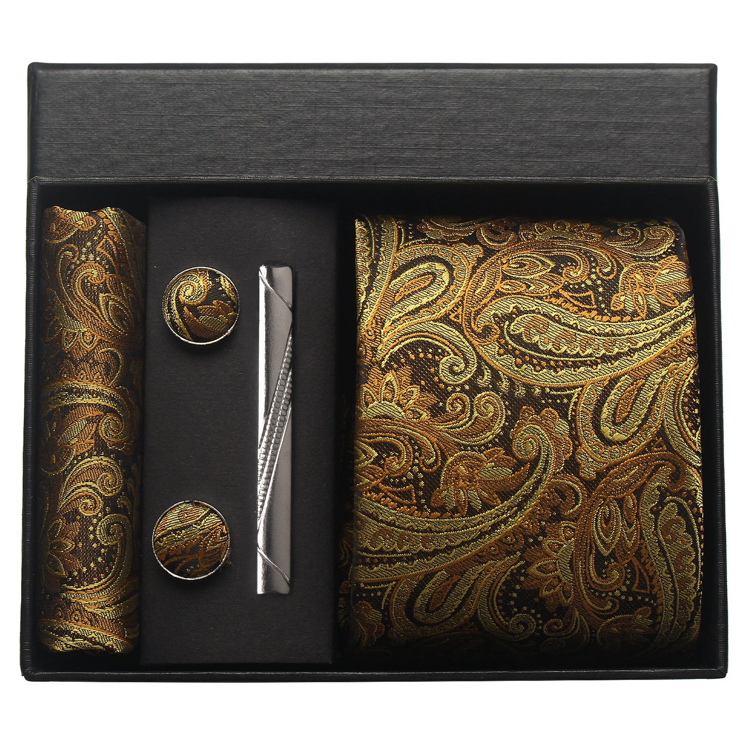 CWKOON Paisley Gold Mens Tie Formal Necktie Pocket Squares Ties Clips Cufflinks Classic for Men Gift Box Set