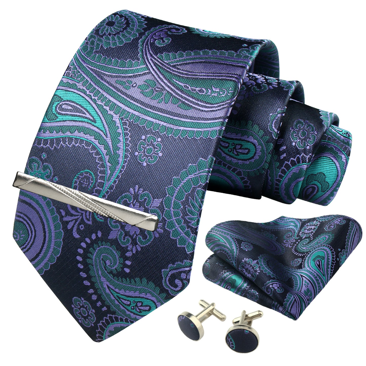 CWKOON Paisley Purple Aqua Mens Tie Formal Necktie Pocket Squares Ties Clips Cufflinks Classic for Men Gift Box Set