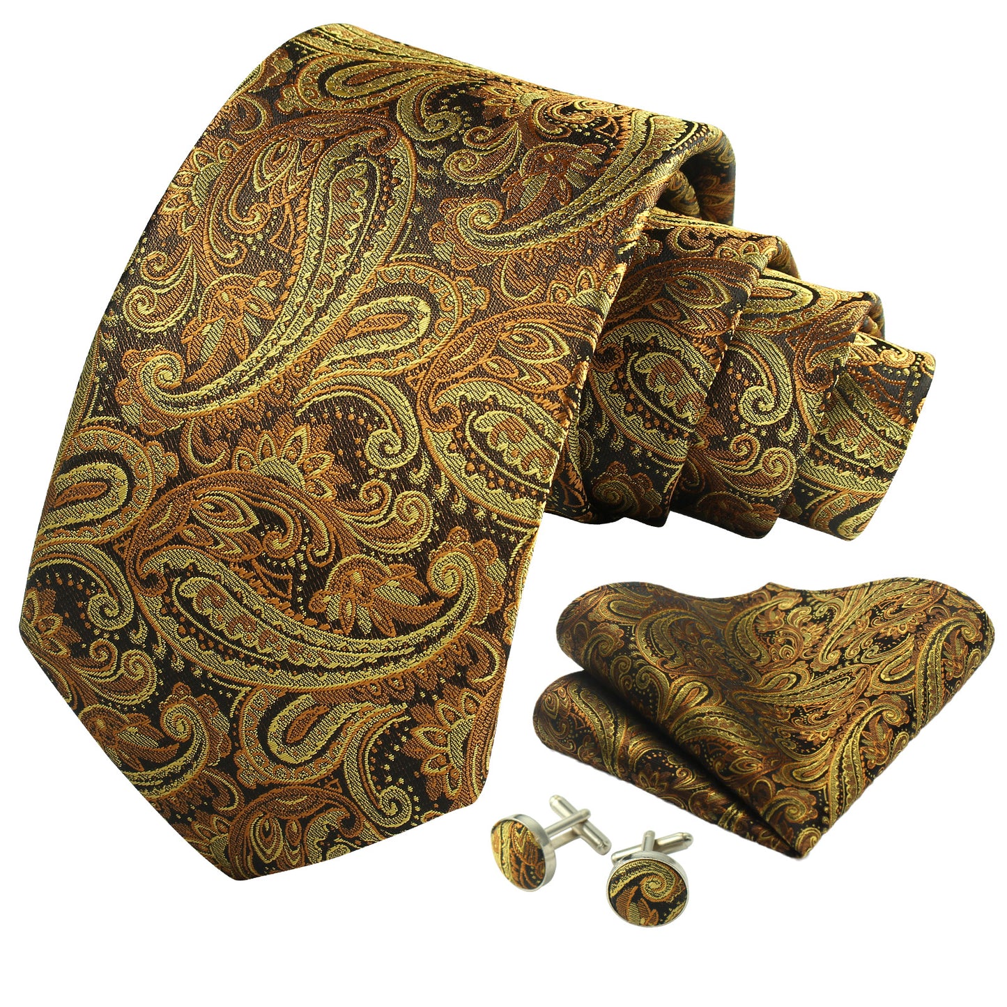 CWKOON Paisley Gold Mens Tie Formal Necktie Pocket Squares Ties Clips Cufflinks Classic for Men Gift Box Set