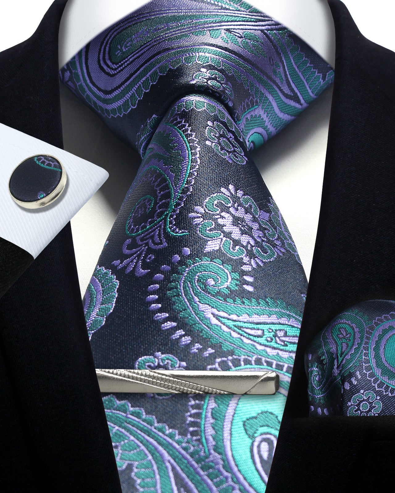 CWKOON Paisley Purple Aqua Mens Tie Formal Necktie Pocket Squares Ties Clips Cufflinks Classic for Men Gift Box Set