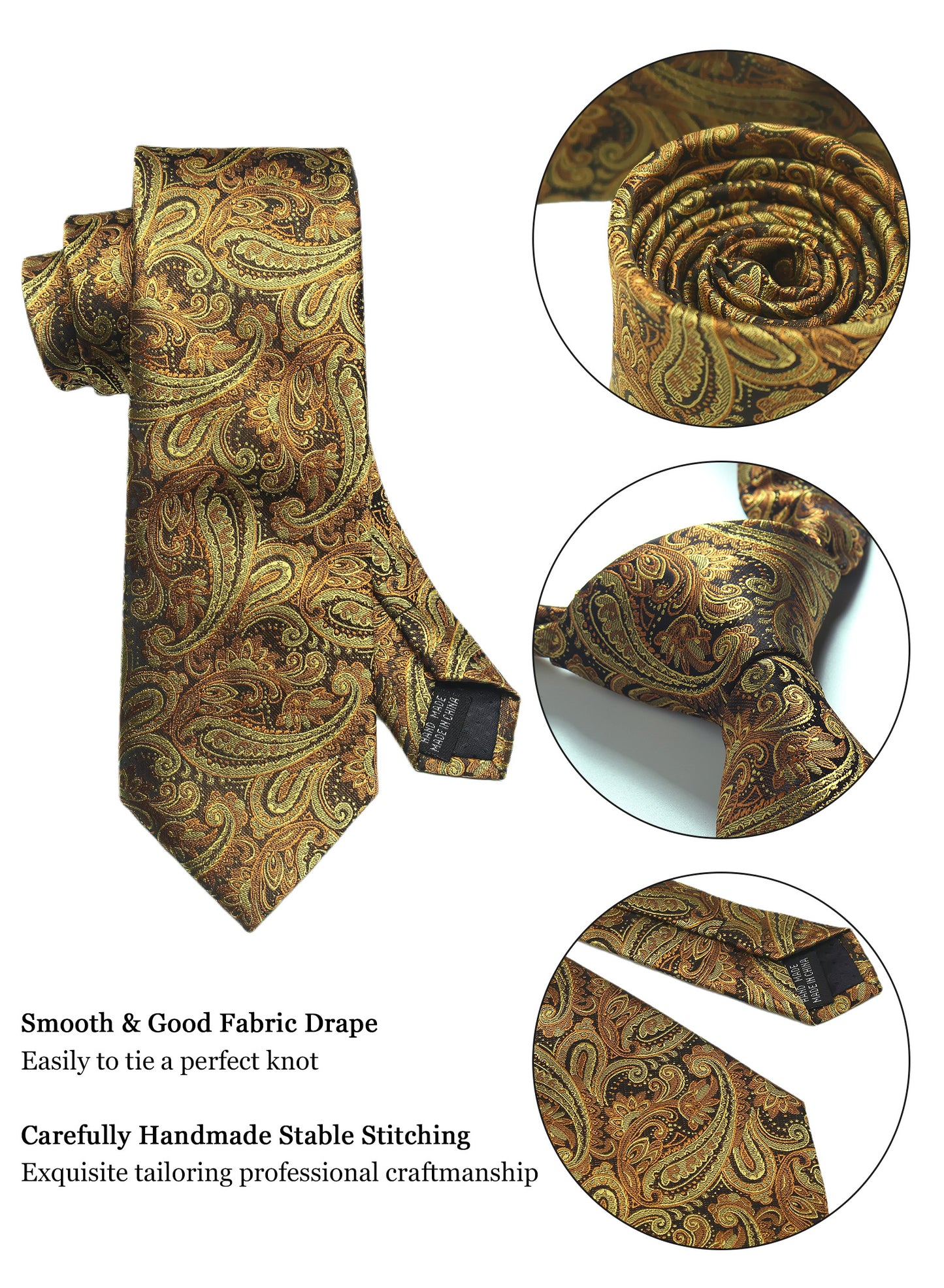 CWKOON Paisley Gold Mens Tie Formal Necktie Pocket Squares Ties Clips Cufflinks Classic for Men Gift Box Set