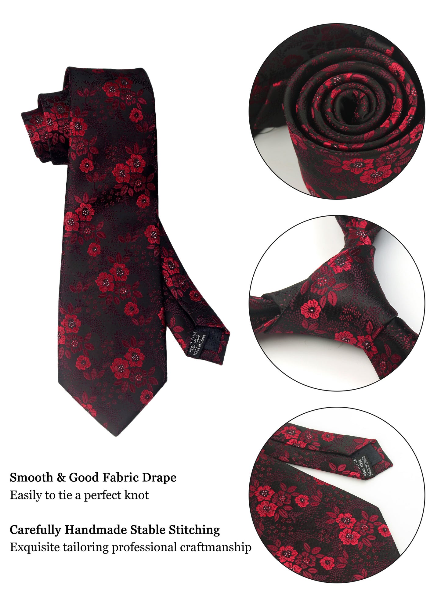 CWKOON Floral Black Red Mens Tie Formal Necktie Pocket Squares Ties Clips Cufflinks Classic for Men Gift Box Set