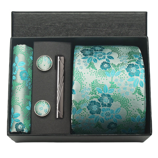 CWKOON Floral Green Aqua Mens Tie Formal Necktie Pocket Squares Ties Clips Cufflinks Classic for Men Gift Box Set