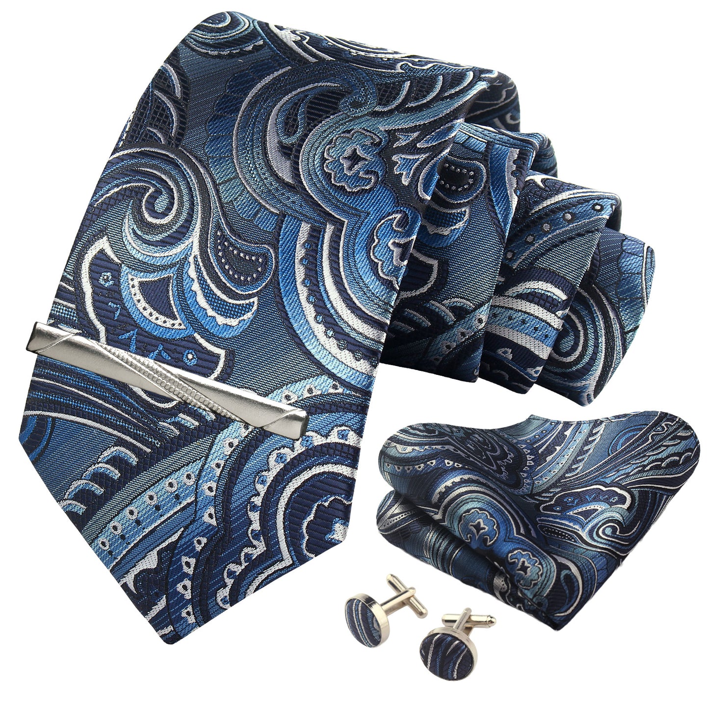 CWKOON Paisley White Blue Mens Tie Formal Necktie Pocket Squares Ties Clips Cufflinks Classic for Men Gift Box Set