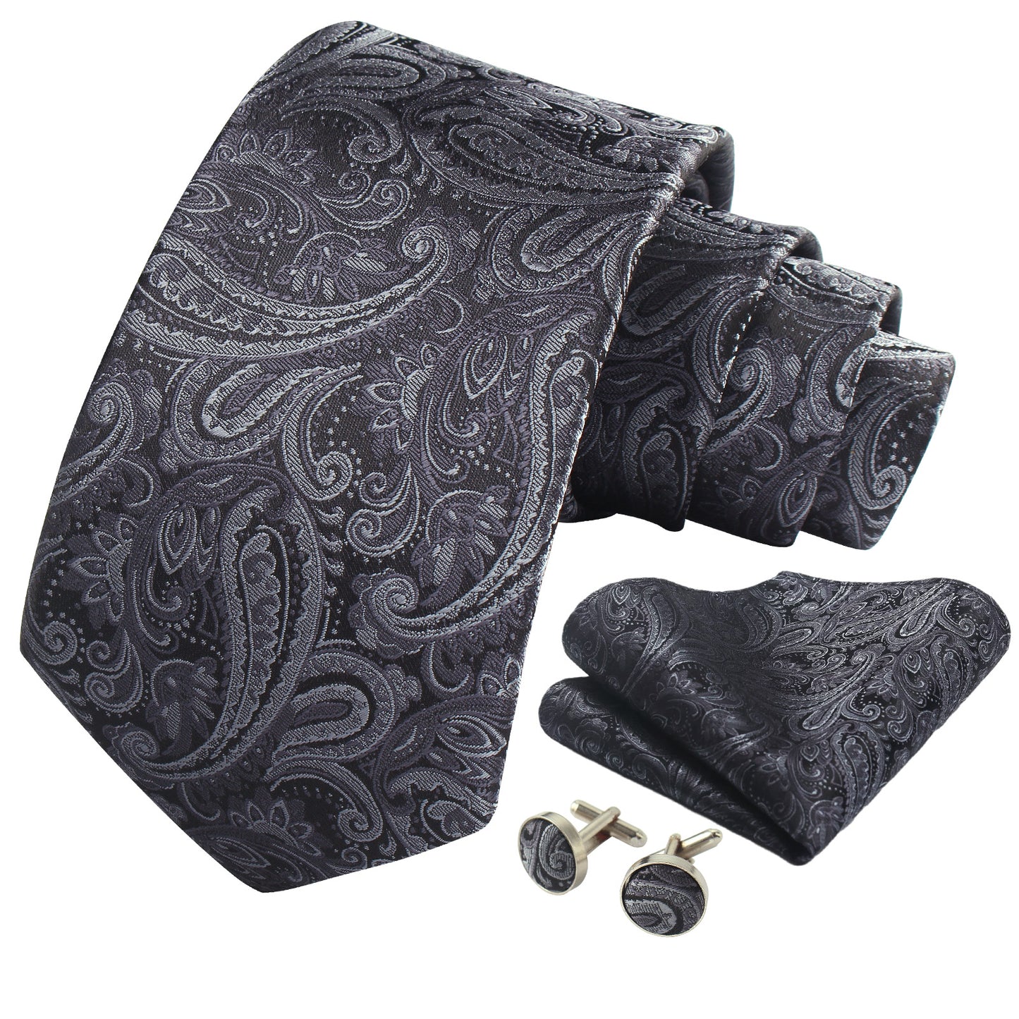 CWKOON Paisley Grey Mens Tie Formal Necktie Pocket Squares Ties Clips Cufflinks Classic for Men Gift Box Set