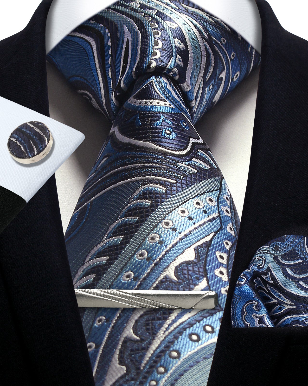 CWKOON Paisley White Blue Mens Tie Formal Necktie Pocket Squares Ties Clips Cufflinks Classic for Men Gift Box Set