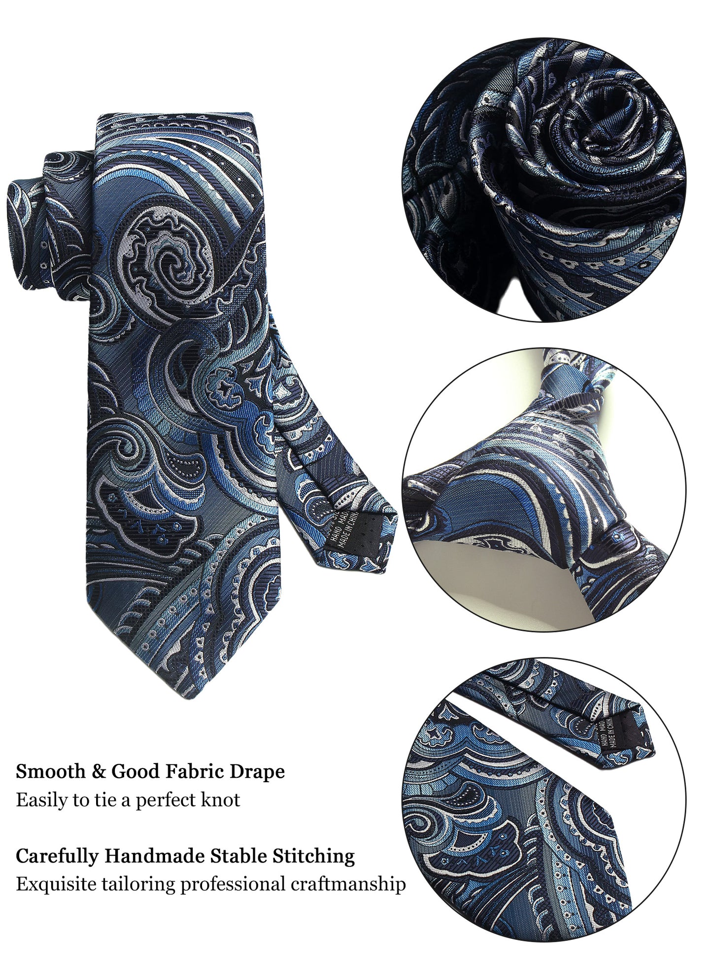 CWKOON Paisley White Blue Mens Tie Formal Necktie Pocket Squares Ties Clips Cufflinks Classic for Men Gift Box Set