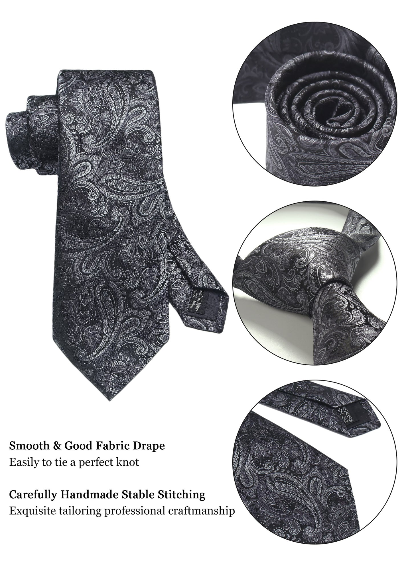 CWKOON Paisley Grey Mens Tie Formal Necktie Pocket Squares Ties Clips Cufflinks Classic for Men Gift Box Set