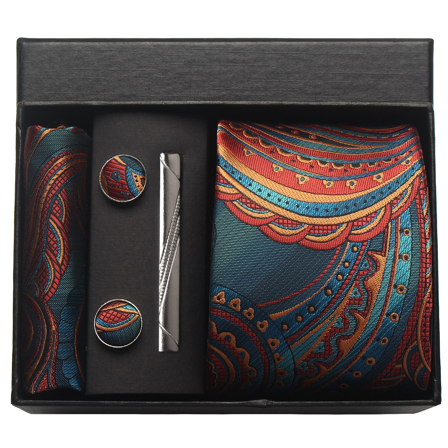 CWKOON Paisley Light Blue Orange Mens Tie Formal Necktie Pocket Squares Ties Clips Cufflinks Classic for Men Gift Box Set