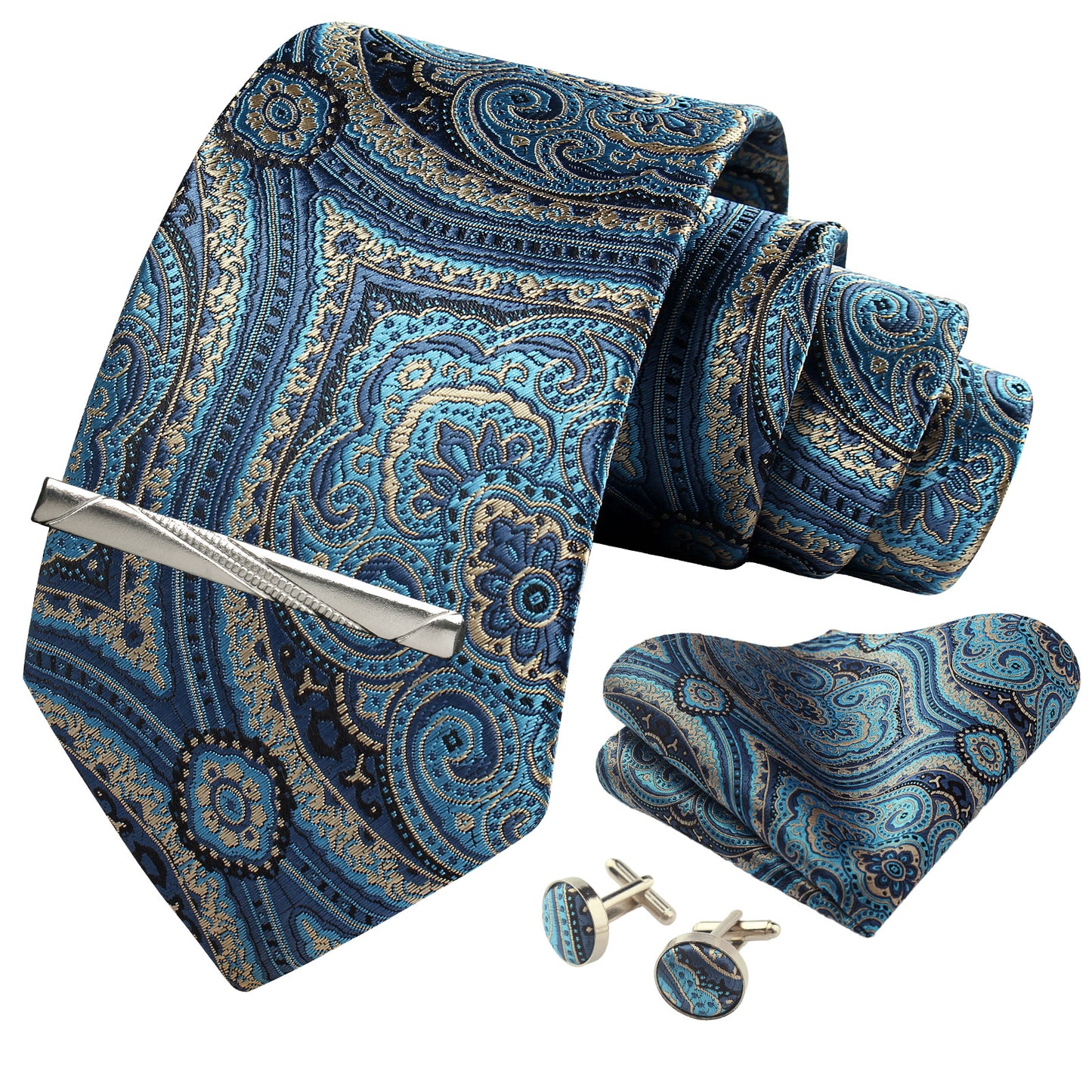 CWKOON Paisley Blue Beige Mens Tie Formal Necktie Pocket Squares Ties Clips Cufflinks Classic for Men Gift Box Set