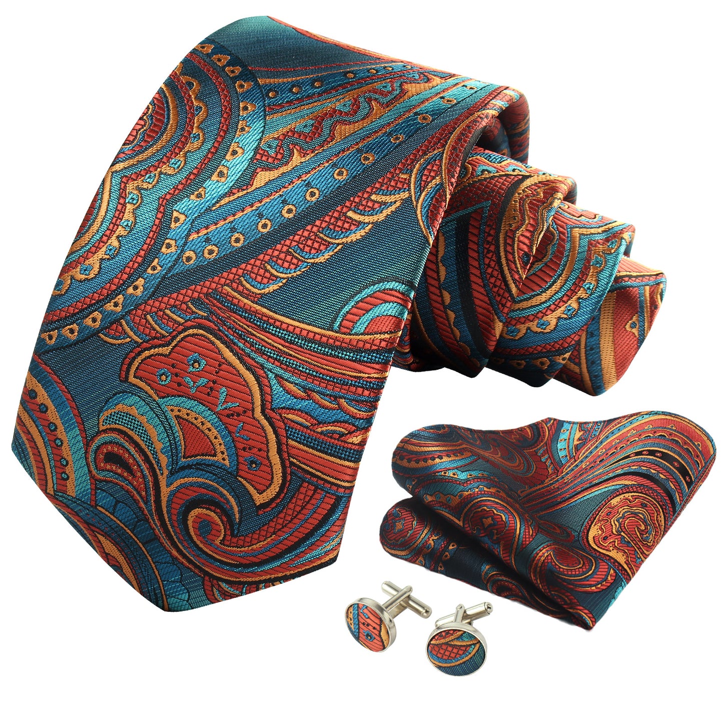 CWKOON Paisley Light Blue Orange Mens Tie Formal Necktie Pocket Squares Ties Clips Cufflinks Classic for Men Gift Box Set