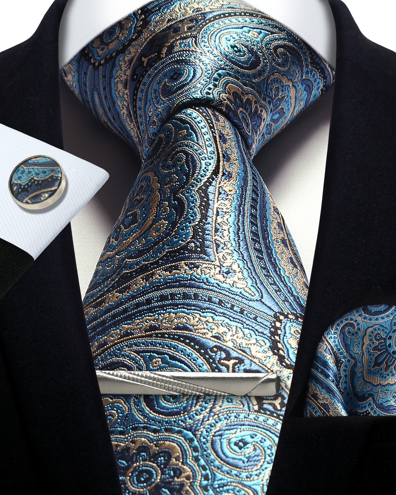 CWKOON Paisley Blue Beige Mens Tie Formal Necktie Pocket Squares Ties Clips Cufflinks Classic for Men Gift Box Set