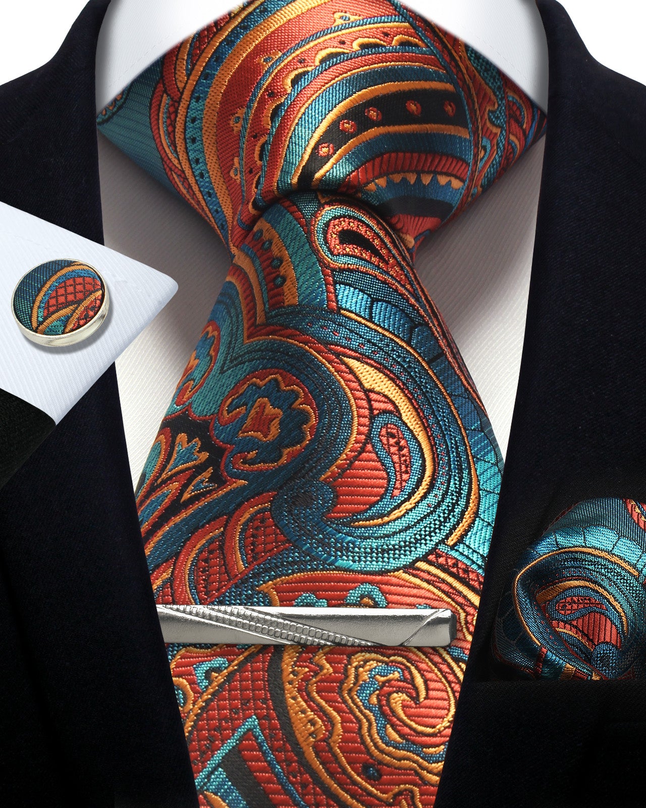 CWKOON Paisley Light Blue Orange Mens Tie Formal Necktie Pocket Squares Ties Clips Cufflinks Classic for Men Gift Box Set