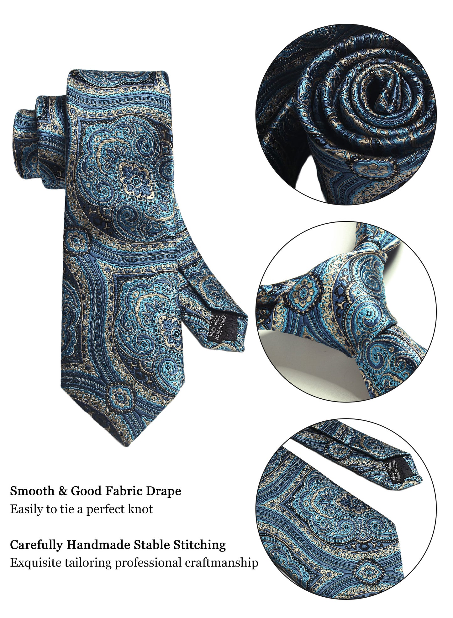 CWKOON Paisley Blue Beige Mens Tie Formal Necktie Pocket Squares Ties Clips Cufflinks Classic for Men Gift Box Set