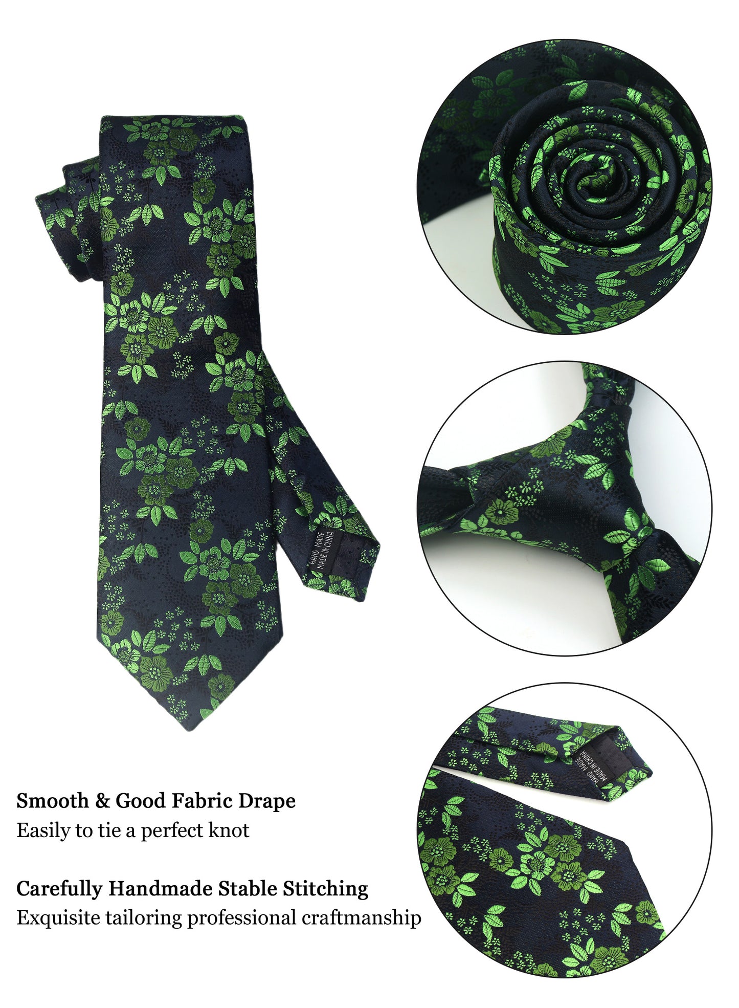 CWKOON Floral Black Green Mens Tie Formal Necktie Pocket Squares Ties Clips Cufflinks Classic for Men Gift Box Set