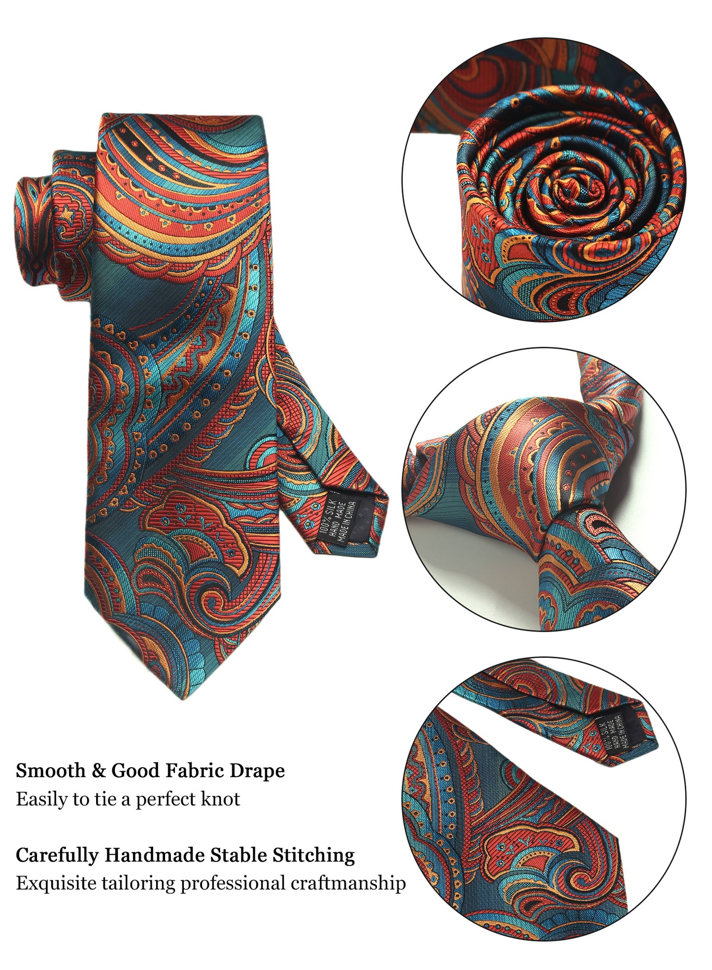 CWKOON Paisley Light Blue Orange Mens Tie Formal Necktie Pocket Squares Ties Clips Cufflinks Classic for Men Gift Box Set