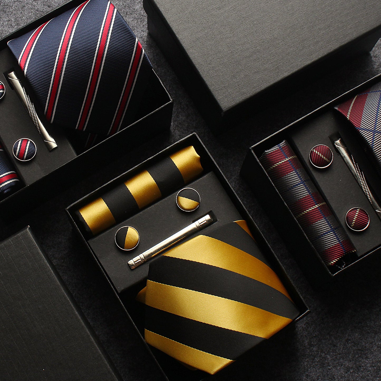 CWKOON Striped Black Yellow Mens Tie Formal Necktie Pocket Squares Ties Clips Cufflinks Classic for Men Gift Box Set